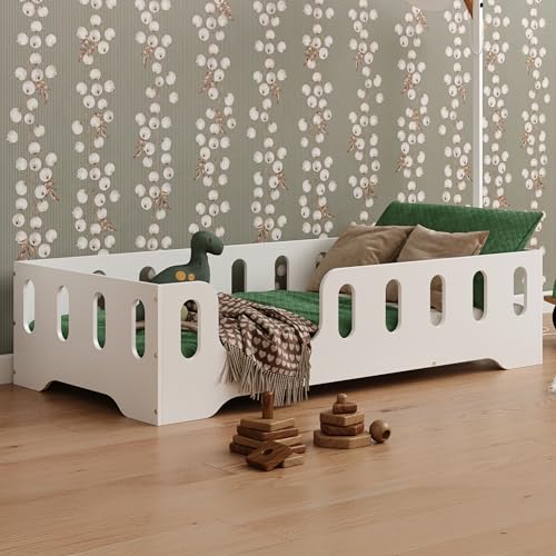 smartwood Bodenbett 60x120 Weiß - Montessori Kinderbett aus Holz mit FSC-Zertifikat TILA 2L mit Rausfallschutz & Lattenrost bis 230kg belastbar - Einfache Montage von smartwood