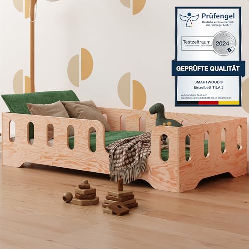 smartwood Bodenbett 80x160 Montessori Kinderbett aus Holz mit FSC-Zertifikat TILA 2P mit Rausfallschutz & Lattenrost bis 230kg belastbar - Einfache Montage von smartwood