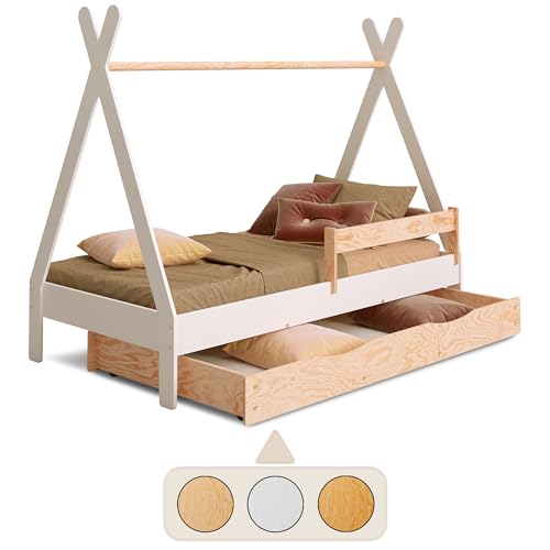 smartwood Tipi D Kinderbett 90x180 mit Lattenrost und Rausfallschutz - Montessori Hausbett mit Schublade für Jungen und Mädchen - Holzbett mit Rausfallschutz und Lattenrost - 180x90 - Weiß von smartwood