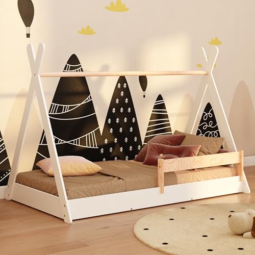 smartwood Tipi F Kinderbett 70x140 mit Lattenrost und Rausfallschutz - Montessori Hausbett für Jungen und Mädchen - Holz Bodenbett mit Rausfallschutz und Lattenrost - 140x70 - Weiß von smartwood
