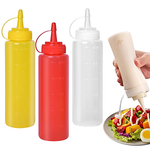 smatime 3 Stück Squeeze Flasche,8oz Plastik Quetschflasche Mit Kappen,Kein Leck Condiment Flaschen für Malen,Backen,Ketchup,scharfe Soße,Olivenöl, Saucenflasche(250ML) von smatime