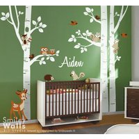 Birch Trees Wandtatzug Waldtiere Wandsticker Eulen Eichhörnchen Bambi Kinderzimmer Babyzimmer Art Decor von smileywalls