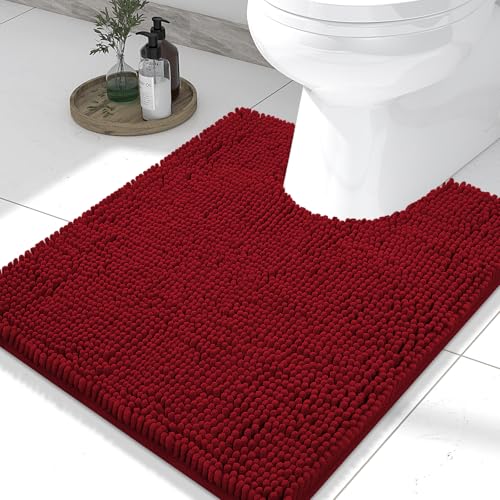 Luxuriöser Chenille-WC-Vorleger mit Ausschnitt von Smiry, ca. 61 x 41 cm, extra weich und saugfähig, rutschfester Vorleger mit Ausschnitt, Badematte für Badezimmer und Toilette, Burgunderrot von smiry