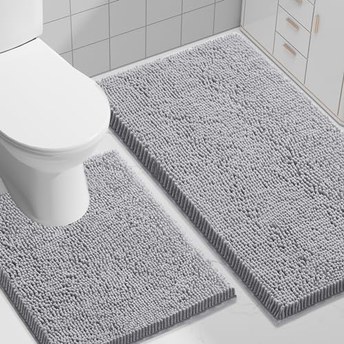 smiry Badezimmerteppiche und -matten-Set, 2-teilig, Chenille-Badematte und U-förmiger WC-Vorleger, rutschfest, saugfähig, Dusche und Bad (50.8 x 81.3 cm + 50.8 x 61 cm, hellgrau) von smiry