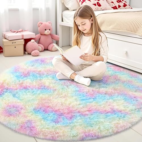 smiry Hochflor Teppich Wohnzimmer, Waschbar Anti-Rutsch Moderner Flauschiger Kuscheliger Teppich für Wohnzimmer Deko, Schlafzimmer, Kinderzimmer, 120 x 120 cm, Regenbogen von smiry