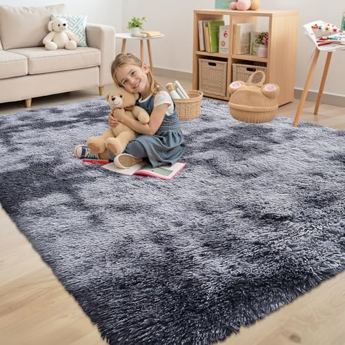 smiry Hochflor Teppich Wohnzimmer, Waschbar Anti-Rutsch Moderner Flauschiger Kuscheliger Teppich für Wohnzimmer Deko, Schlafzimmer, Kinderzimmer, 120 x 160 cm, Hellgrau von smiry