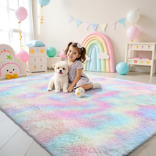 smiry Hochflor Teppich Wohnzimmer, Waschbar Anti-Rutsch Moderner Flauschiger Kuscheliger Teppich für Wohnzimmer Deko, Schlafzimmer, Kinderzimmer, 120 x 160 cm, Regenbogen von smiry
