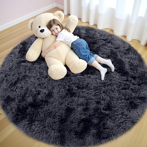 smiry Hochflor Teppich Wohnzimmer, Waschbar Anti-Rutsch Moderner Flauschiger Kuscheliger Teppich für Wohnzimmer Deko, Schlafzimmer, Kinderzimmer, 160 x 160 cm, Dunkelgrau von smiry