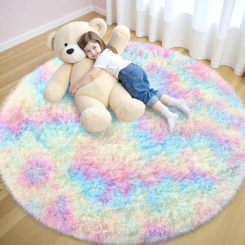 smiry Hochflor Teppich Wohnzimmer, Waschbar Anti-Rutsch Moderner Flauschiger Kuscheliger Teppich für Wohnzimmer Deko, Schlafzimmer, Kinderzimmer, 200 x 200 cm, Regenbogen von smiry