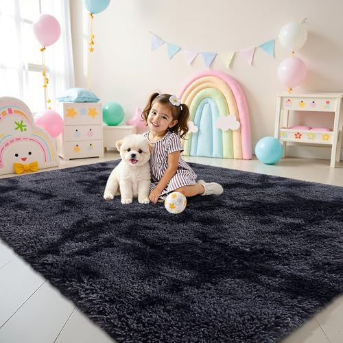 smiry Hochflor Teppich Wohnzimmer, Waschbar Anti-Rutsch Moderner Flauschiger Kuscheliger Teppich für Wohnzimmer Deko, Schlafzimmer, Kinderzimmer, 240 x 340 cm, Dunkelgrau von smiry