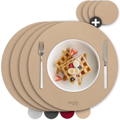 smøla 8-teiliges Premium Filz Tischset - Rund inkl. Untersetzer I Platzset Abwaschbar Beige I Platzset Abwischbar Platzdeckchen Set mit Filzuntersetzer für Teller, Gläser I Tischdeko Sommer, Sandbeige von smøla