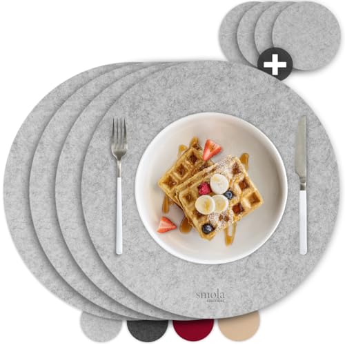 smøla 8-teiliges Premium Filz Tischset - Rund inkl. Untersetzer I Platzset Abwaschbar Grau I Platzset Abwischbar, Platzdeckchen Set mit Filzuntersetzer für Teller, Gläser I Tischdeko Sommer, Edelgrau von smøla