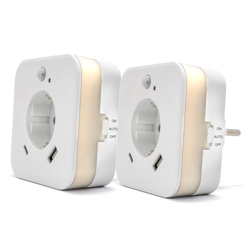 smrter LED-Nachtlicht mit Bewegungsmelder und Steckdose, 2x USB (1x USB C + 1x USB A) 2.4A, weiß, Ein/Aus/Auto Modus-Schalter, automatischer Lichtsensor, GS (geprüfte Sicherheit) (2 Stück [mit USB-C]) von smrter