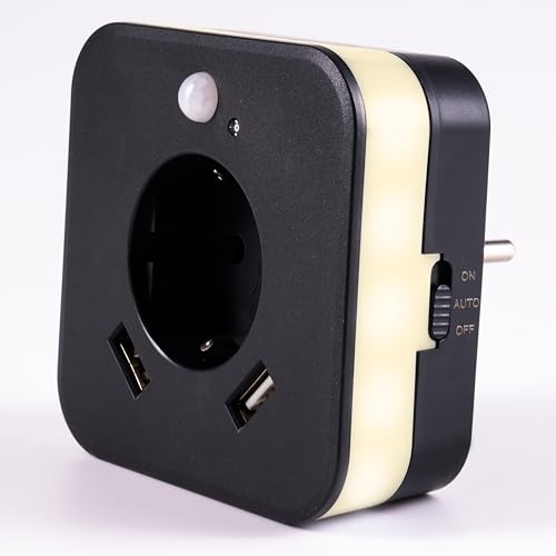 LED-Nachtlicht mit Bewegungsmelder und Steckdose, 2x USB 2.4A, anthrazit, automatischer Lichtsensor, GS (geprüfte Sicherheit) (1 Stück [ANTHRAZIT]) von smrter