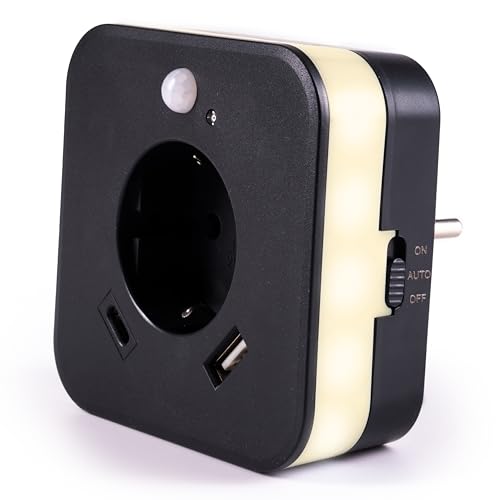 smrter LED-Nachtlicht mit Bewegungsmelder und Steckdose, 2x USB 2.4A, weiß, automatischer Lichtsensor, GS (geprüfte Sicherheit) (1 Stück [mit USB-C | ANTHRAZIT]) von smrter