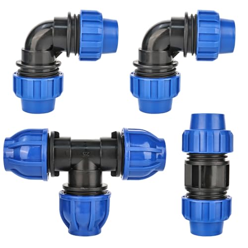 smtfcty 4 Stück PE Rohr Verschraubung, 90° PE Rohr Verschraubung Winkel T-Stück PE Rohr und Gerade Wasser Rohrverbinder,25 mm PVC Rohrverbindungsstück für Innen- und Außeninstallationen von smtfcty
