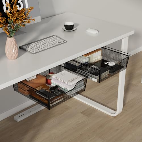 smusei 2er-Pack Selbstklebende Schubladen Unter Schreibtisch Metallgeflecht Versteckte Schublade Unter Tisch für Akten und Papiere, 33 × 31 × 9.5 cm, Schwarz von smusei