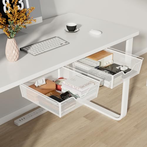 smusei 2er-Pack Selbstklebende Schubladen Unter Schreibtisch Metallgeflecht Versteckte Schublade Unter Tisch für Akten und Papiere, 33 × 31 × 9.5 cm, Weiß von smusei