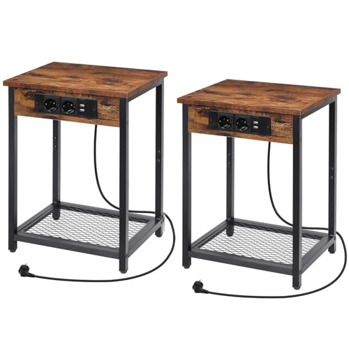 smusei Beistelltisch 2er Set Nachttisch Holz Sofatisch mit Ladestation Enthalten 2 USB-Anschlüssen 2 Steckdosen Kleiner 2-Ebenen Kaffeetisch Couchtisch für Schlafzimmer Wohnzimmer - Retro Braun von smusei