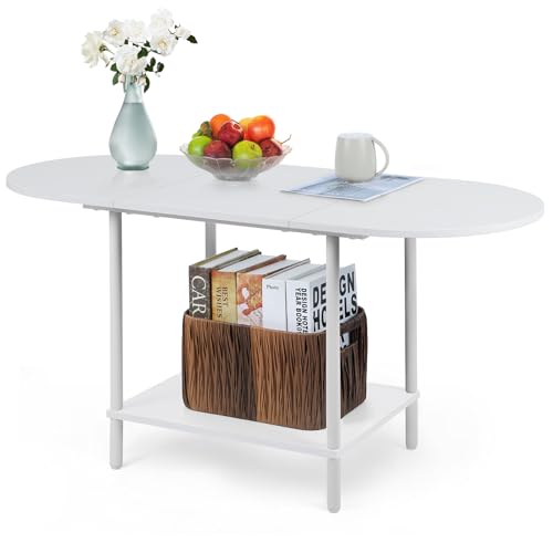 smusei Ovaler Couchtisch, 2-stufiger Mitteltisch mit Ablagefach für das Wohnzimmer, Weißer Couchtisch aus Holz mit Metallrahmen für Hause smusei Ovaler Couchtisch, 2-stufiger Mitteltisch mit Ablagefach für das Wohnzimmer, Weißer Couchtisch aus Holz mit Metallrahmen für Hause von smusei