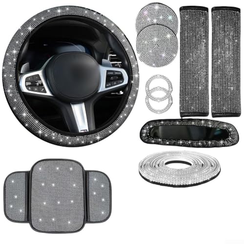 Auto-Innenraum-Zubehör-Set, 10-teilig, mit Lenkradabdeckung, Handyhalterung, Strass-Untersetzer und Zierstreifen für ein stilvolles Fahrzeug-Upgrade (weiß) von snowchecking
