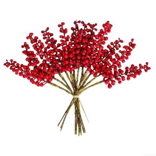 Snowchecking 12 Stück dekorative künstliche Beerenzweige mit lebensechten Beeren Dekorationen für Weihnachtsbaum Zuhause Urlaub Hochzeit DIY Handwerk Dekor (rot) von snowchecking