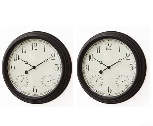 Snowchecking 2 Stück 38,1 cm Outdoor-Uhr wasserdicht mit Thermometer und Hygrometer Vintage Gartenuhr geräuschlos nicht tickend für Terrasse Pool Hof (2 Stück) von snowchecking