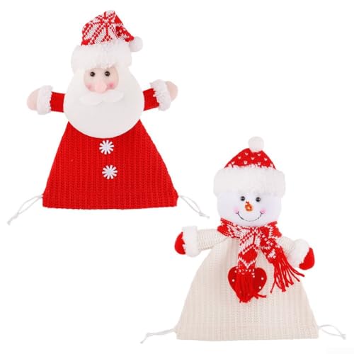 Snowchecking 2 Stück Weihnachten gestrickte Kordelzug-Geschenktüten Festliche Xmas Kordelzug Tasche Wiederverwendbare Weihnachten Süßigkeiten Beutel für fröhliche von snowchecking