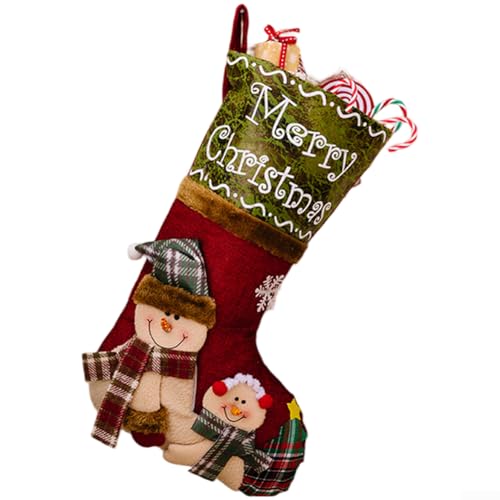 Snowchecking 47 cm großer roter Weihnachtsstrumpf für Kinder mit Weihnachtsmann Schneemann Rentier Muster Polyester Urlaub Geschenke Halter und Dekoration (Schneemann-Stil) von snowchecking