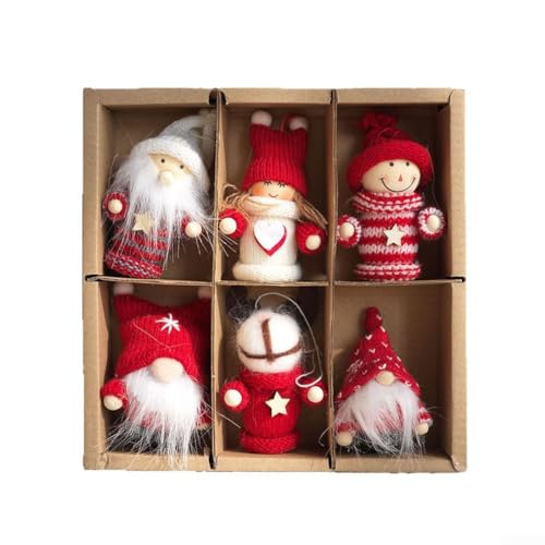 Snowchecking 6 handgefertigte Weihnachtsmann-Mini-Ornamente aus Holz und Stoff, Weihnachtsbaum-Hängedekorationen für Ferienhaus-Dekoration (2) von snowchecking