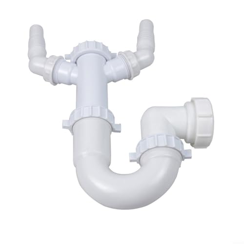 Snowchecking Küchenspüle Abflussrohr U-Biegung Siphon mit Doppeldüse Design Flexibles Ablaufsystem für Geschirrspüleranschluss Weiß von snowchecking