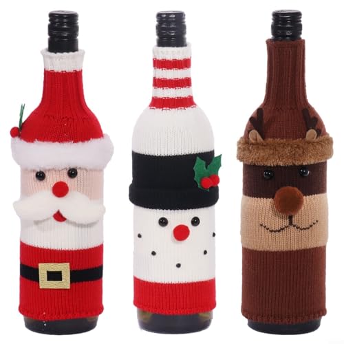 Snowchecking Weinflaschenüberzug, Weihnachts-Weinflaschenpullover, 3er-Set, festliches Weihnachtsmann-Design für Urlaubsparty-Dekoration von snowchecking