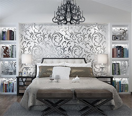 Vliestapete Tapete 3D Luxus Kunst Design Wandpapier Barock Geprägt Vlies Damast Strukturierte Tapetenrolle für Wohnzimmer/Schlafzimmer/TV-Hintergrund, Heimdekoration, 10 m x 0,53 m/Rolle (Silber) von sococo