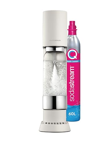 SodaStream ensō Sprudelwassermaschine und Soda | Packung mit 1 Flasche 1 l spülmaschinenfest + 1 Gasnachfüller 60 l zum Aufstecken | Finish sandweiß von sodastream