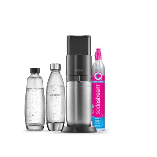 Sodastream Duo Sprudelwasser und Soda Maschine für Glaskanne | 1 Stück Glaskrug 1L + 1 Flasche 1L Edelstahl Finish Geschirrspüler + 1 60L Gas Nachfüllclip | Schwarz von sodastream