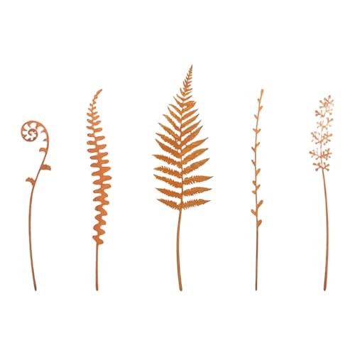 5 Stück ländlicher Farn-Erdspieß für Außendekoration, stabil, rostiger Gartenstecker mit antikem Finish, für Blumenbeete, Gartenstecker von sodeber