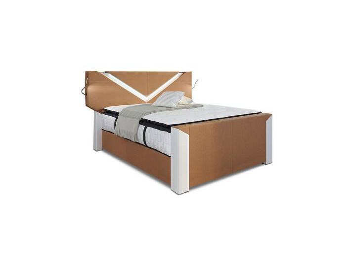 Sofa Dreams Boxspringbett Lederbett Bett Hotelbett Lyon Designerbett Komplettbett, inklusive LED Beleuchtung, Matratze und Topper, beige, 3 (100 kg - 120 kg) von sofa-dreams