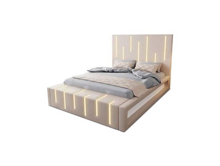 Sofa Dreams Boxspringbett Milona (6 Teile), Kunstleder Bett, Matratze, Topper, LED-Beleuchtung, versch. Liegemaße, beige, 200 x 220 cm, Beige-Weiß von sofa-dreams