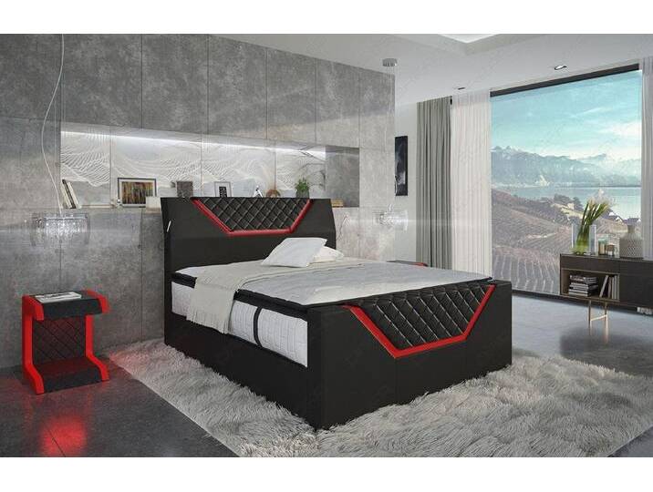 Sofa Dreams Boxspringbett Nantes inkl. Matratze & Topper mit LED-Beleuchtung, Bett mit Kunstleder Premium Bezug und in versch. Liegemaßen, rot schwarz von sofa-dreams