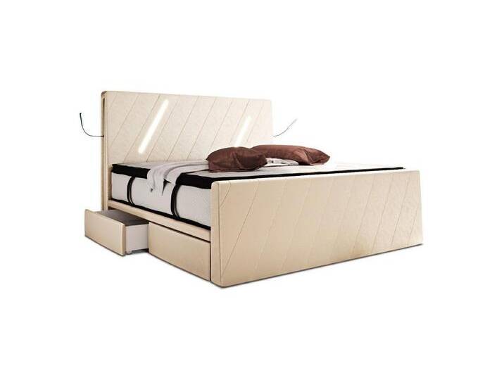 Sofa Dreams Boxspringbett Toulon (6 Teile), Designerbett, Samtstoff, LED-Beleuchtung, Schubladen, Matratze, Topper, Creme von sofa-dreams