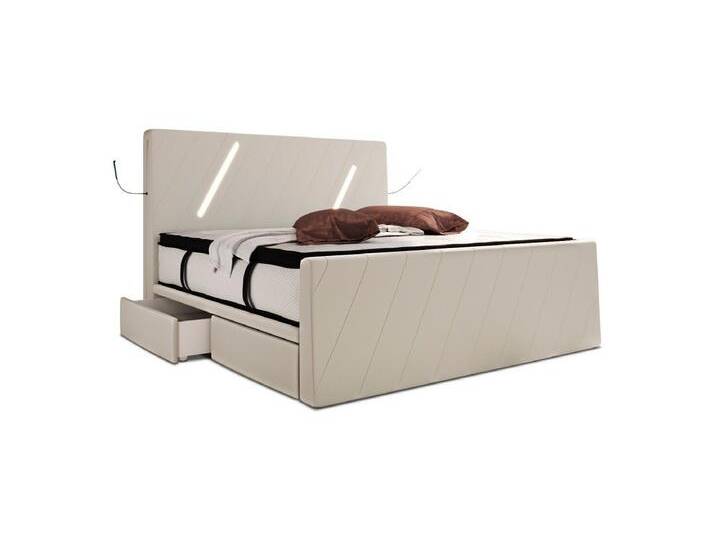Sofa Dreams Boxspringbett Toulon (6 Teile), Mikrofaser Stoffbezug, Schubladen, LED, Matratze, Topper, Design Bett, Elfenbein von sofa-dreams