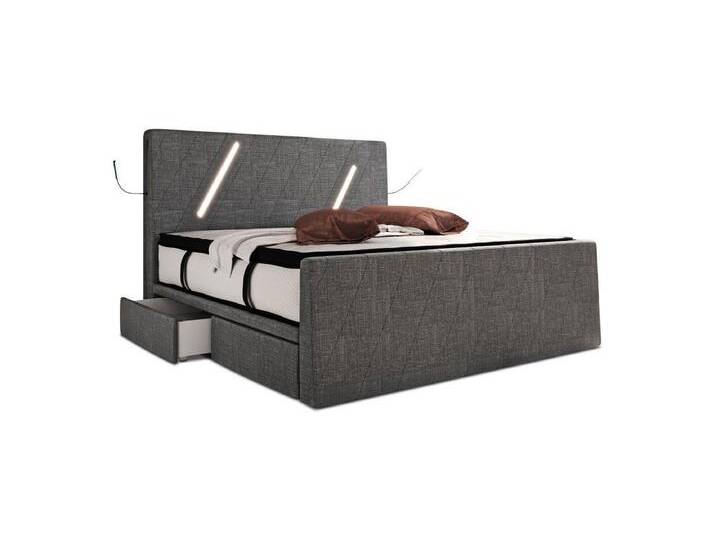 Sofa Dreams Boxspringbett Toulon (6 Teile), Strukturstoff Bezug, Schubladen, LED-Beleuchtung, Matratze, Topper, grau, Grau von sofa-dreams