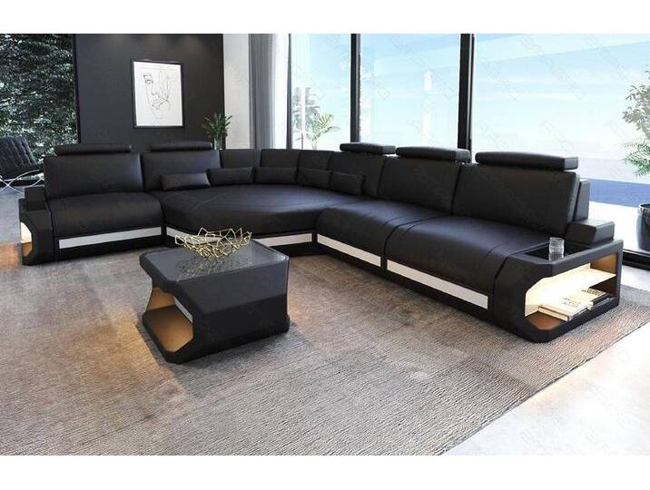 Sofa Dreams Ecksofa Asti, Couch, L Form Ledersofa mit LED, Designersofa, rot schwarz, Links - vor dem Sofa stehend, schwarz-rot von sofa-dreams