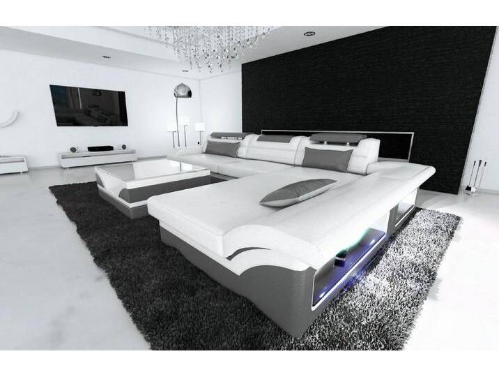 Sofa Dreams Ecksofa Couch Leder Sofa Monza L Form Ledersofa, Couch, mit LED, Designersofa, grau weiß, Mit Bettfunktion-RGB-LED-Beleuchtung, weiß-grau von sofa-dreams