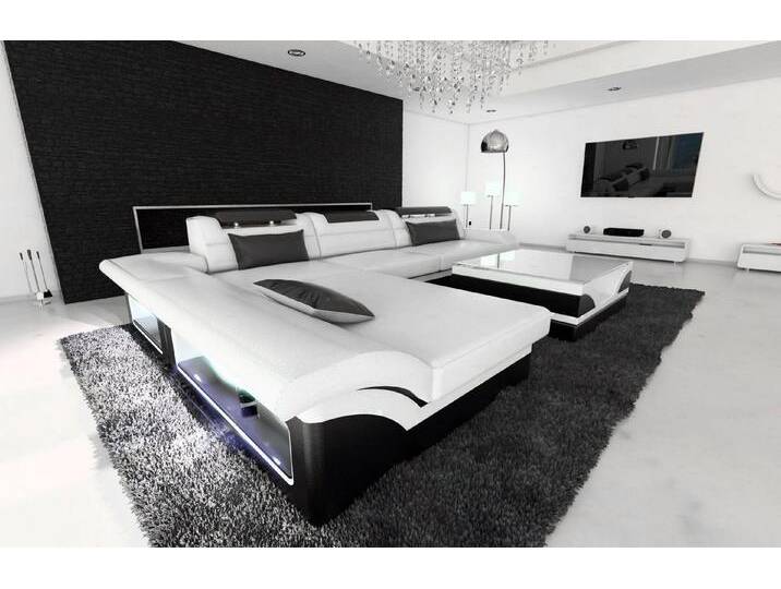 Sofa Dreams Ecksofa Couch Leder Sofa Monza L Form Ledersofa, Couch, mit LED, Designersofa, schwarz weiß, Mit Bettfunktion-RGB-LED-Beleuchtung von sofa-dreams