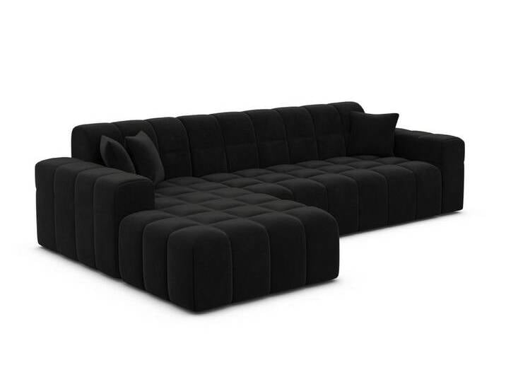 Sofa Dreams Ecksofa Ibiza L Form kurz Stoff, Ottomane - Ausrichtung wählbar 4-Sitzer Samtstoff Webstoff Couch, schwarz, Ottomane links, Schwarz von sofa-dreams