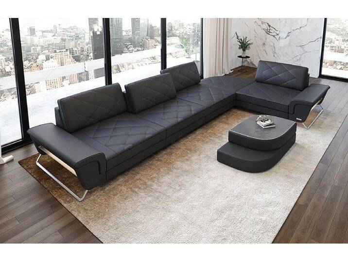 Sofa Dreams Ecksofa Leder Designer Eckcouch Rotello L Form Luxus Ledersofa, grau schwarz, Ohne Multifunktionskonsole, grau-schwarz von sofa-dreams