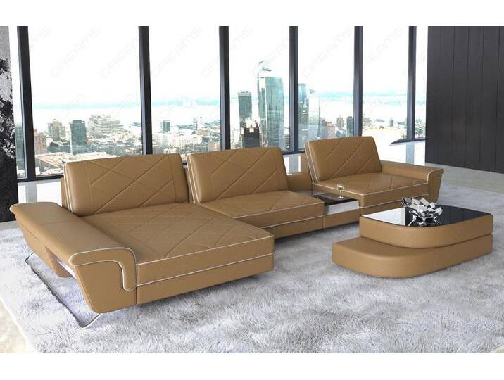 Sofa Dreams Ecksofa Leder Sofa Bari L Form Ledersofa, Couch, mit LED, verstellbare Rückenlehnen, Designersofa, beige goldfarben, sandbeige-weiss von sofa-dreams