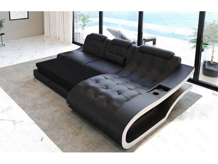Sofa Dreams Ecksofa Leder Sofa Couch Elegante Ledercouch, L-Form Ledersofa mit LED, schwarz, Mit Bettfunktion-RGB-LED-Beleuchtung, schwarz-weiß von sofa-dreams