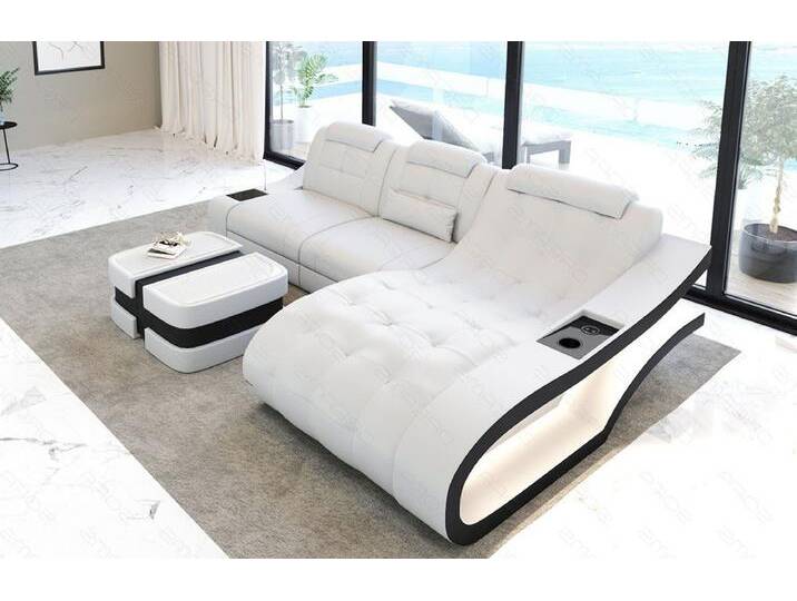 Sofa Dreams Ecksofa Leder Sofa Couch Elegante Ledercouch, L-Form Ledersofa mit LED, schwarz weiß, Mit Bettfunktion-RGB-LED-Beleuchtung, weiß-schwarz von sofa-dreams